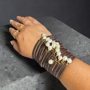 Jenny Rabell 4" Wide Tooled Leather Cuff Bracelet Pearl Dangle Snap Closure
